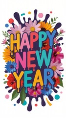 Colorful happy new year greeting with vibrant flowers and dripping paint design
