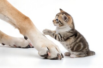 Adorable kitten playfully interacting with a relaxed dog's paw, trust and friendship between different animals