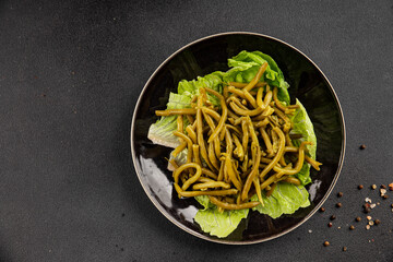 String beans snack green bean ready to eat vegetable natural product tasty snack fresh gourmet food background on the table rustic top view copy space keto and paleo diet vegan and vegan food