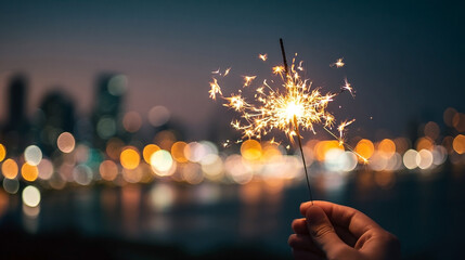 Sparkling celebration: Hand holding a sparkler against a blurred cityscape at night