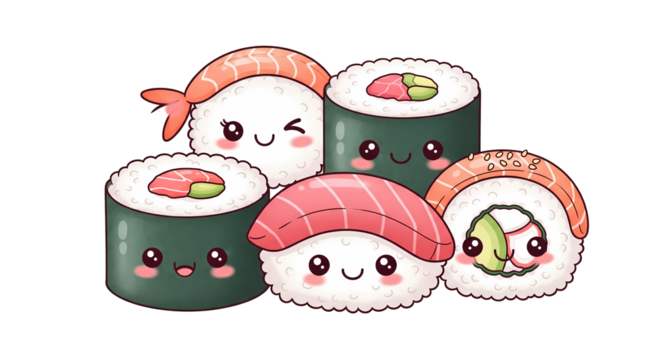 Cute Kawaii Sushi Characters Illustration

