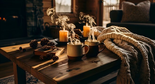 Cozy Cabin Ambiance With Warm Drinks And Candlelight For Ultimate Relaxation Scene - Powered by Adobe