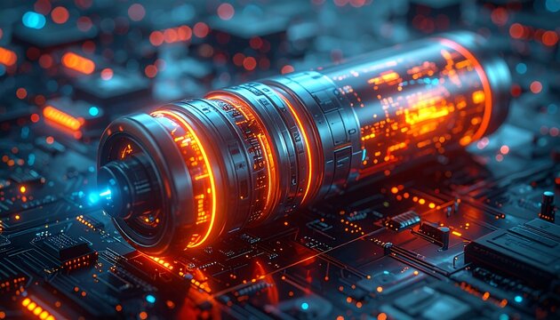 Futuristic tech cylinder on circuit board