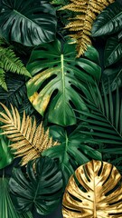 golden and green leaves, nature concept. Creative layout made of tropical leaves.