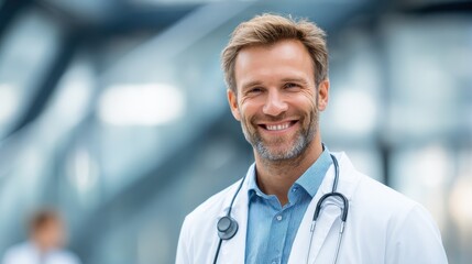 healthcare profession people and medicine concept  smiling male doctor in white coat with stethoscope at hospital no logos no brands ar 169