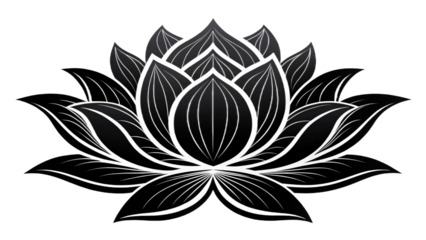 A stylized black and white lotus flower with intricate petal details on a black background design element