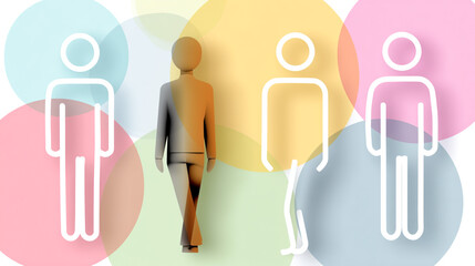 3d figure walking confidently among outlined human icons with colorful overlapping circles on white background
