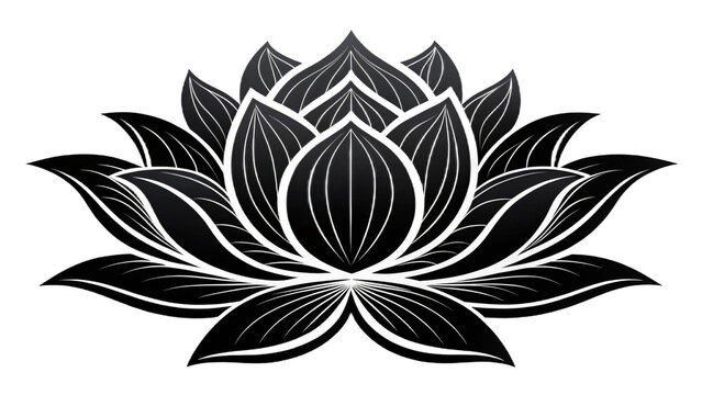 A stylized black and white lotus flower with intricate petal details on a black background design element