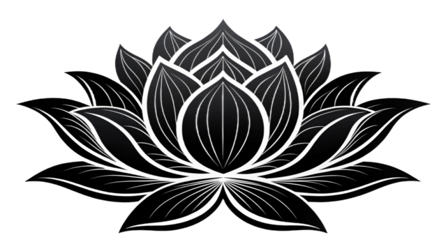 A stylized black and white lotus flower with intricate petal details on a black background design element