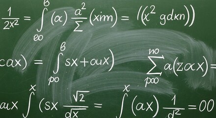 Mathematical equations, faintly visible on a chalkboard with eraser traces