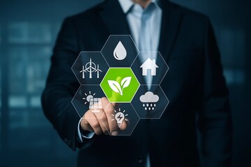 Sustainable Business Solutions – Executive Touching Digital Icons for Green Energy, Renewable Resources and Environmental Innovation