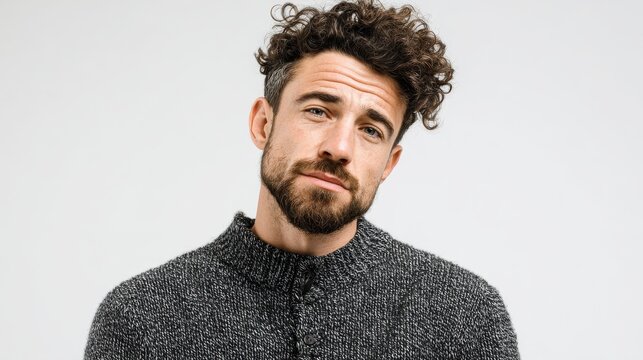 isolated shot of young handsome male with beard mustache and trendy hairdo wears casual grey sweater has serious expression as listens to interlocutor poses in studio against white background no logo