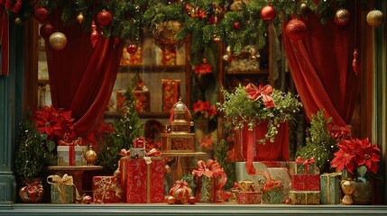 Fototapeta premium christmas window display with festive ornaments and decorations