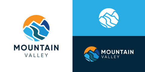 Fototapeta premium Creative simple mountain valley logo template. Mountain hills peak summit logo design vector illustration.