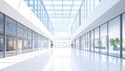 Obraz premium Bright Modern Office Space with Glass Walls and Natural Light from a Skylight