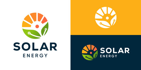 Creative modern solar energy logo template. Solar sun with leaf and circuit symbol technology logo design vector illustration.