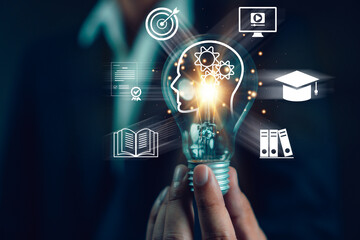 Concept of Online education. man use Online education training and e-learning webinar on internet for personal development and professional qualifications. Digital courses to develop new skills.