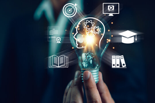 Concept of Online education. man use Online education training and e-learning webinar on internet for personal development and professional qualifications. Digital courses to develop new skills.