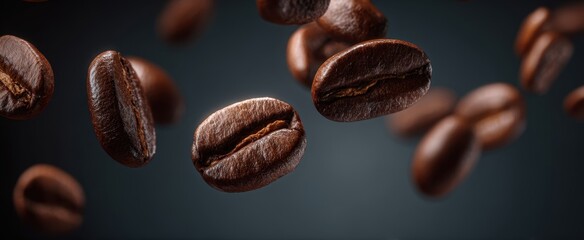 Fototapeta premium The coffee beans captured midair with glossy roasted texture and dramatic studio lighting