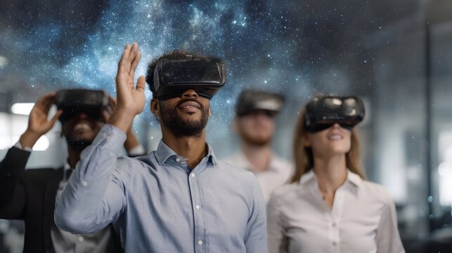 A diverse team of professionals experiences virtual reality in a modern office surrounded by a cosmic digital display