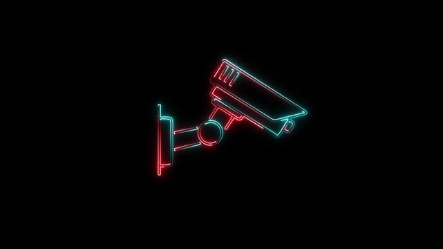 Animated neon cc camera icon. cc tv camera motion graphics. glowing Security camera icon. 4k glowing neon 