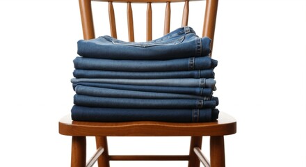 Stack of folded denim jeans neatly arranged on wooden chair