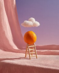 Surreal orange on ladder with cloud and fabric background