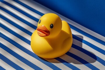 Bright yellow rubber duck on striped surface