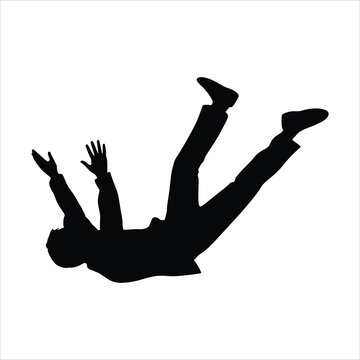 Black and white silhouette of a person falling backwards in mid-air with arms and legs spread, dynamic pose showing movement and momentum