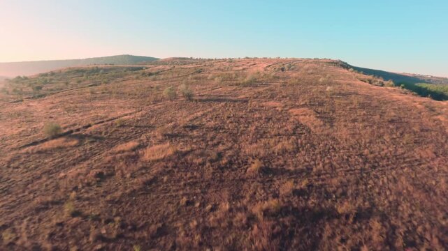 FPV drone aerial shot. Beautiful mountain view of nature landscape on a foggy morning. Moldova, Europe