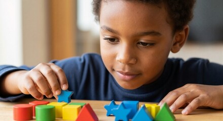 Young African American boy sorting colorful geometric blocks at home