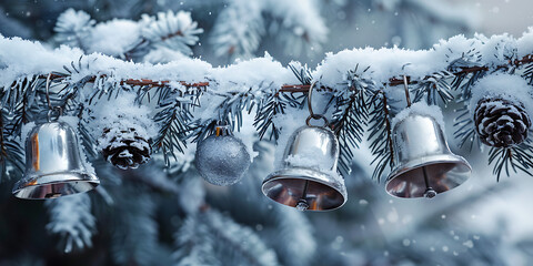 Festive silver bells and ornaments adorn a snow-covered evergreen branch, evoking a magical winter holiday atmosphere.
