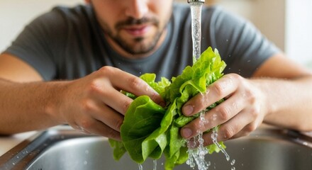 Caucasian man rinsing fresh lettuce under running water in kitchen  