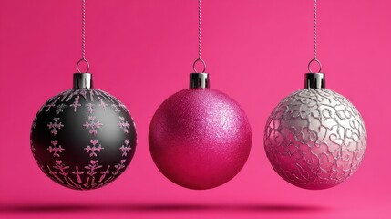 three festive christmas ornaments on a vibrant pink background perfect for holidaythemed designs