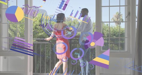 Stepping through French doors onto balcony, couple dancing as charts swirling visualizing analytics - Powered by Adobe