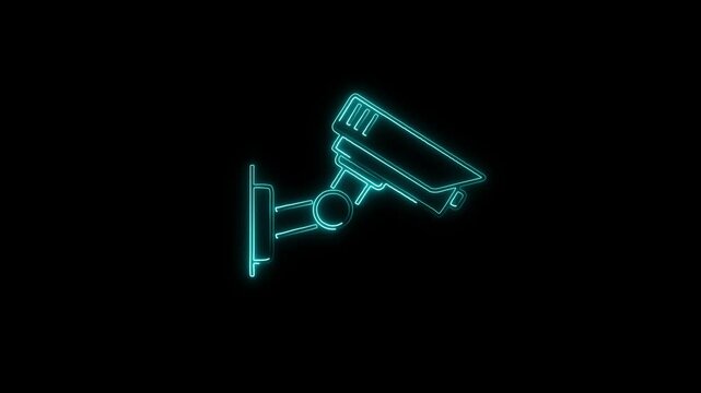 Animated neon cc camera icon. cc tv camera motion graphics. glowing Security camera icon. 4k glowing neon 
