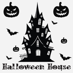 Haunted Halloween Black House with Pumpkins and Flying Bats Silhouette Vector Illustration Isloated On White Background