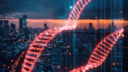 Data processing and DNA visualization over a modern cityscape at dusk, dna strand and data processing over cityscape - Powered by Adobe