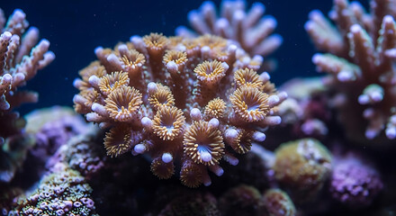 Fototapeta premium Close up of a coral reef with brown and purple hues in an underwater environment showing detail ai generated