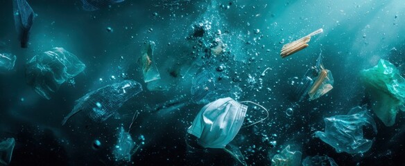 Fototapeta premium The mask floating among plastic debris in a polluted underwater ocean environment