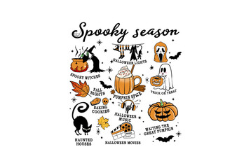 Spooky season vector illustration featuring Halloween elements like pumpkin, ghost, bat illustration Sublimation Design