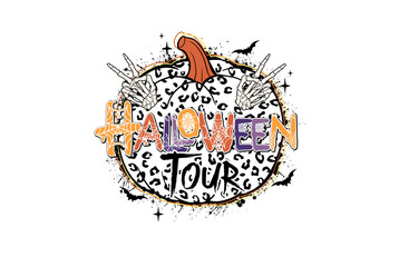 Halloween Tour' design with skeleton hands and leopard print Sublimation design