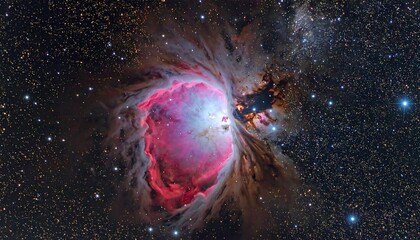 Obraz premium A stunning cosmic vista reveals a vibrant nebula. Swirling gases and dust in hues of pink, red, and blue dominate the dark expanse