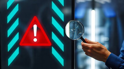 Warning Signs: A detailed perspective of a high-tech screen, overlaid with a cautionary symbol, a magnified lens, indicating the critical examination of a potential data breach. 