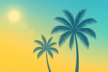 Stylized tropical landscape featuring two palm trees silhouetted against a vibrant sunset gradient of yellow and teal. The soft sun flare and minimalist composition evoke a warm and summery beach