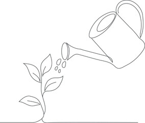 Line drawing of a watering can gently pouring water onto a small plant with leaves © Juyel