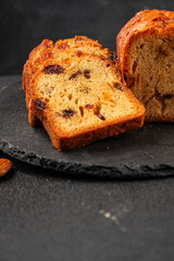 Fruit cake sweet pastry fruitcake dessert dried fruits, nuts traditional baked goods natural product tasty snack fresh delicious gourmet food background on the table rustic top view copy space