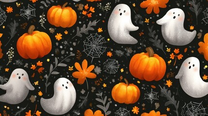cute halloween pattern with ghosts pumpkins and spiderwebs on a dark background
