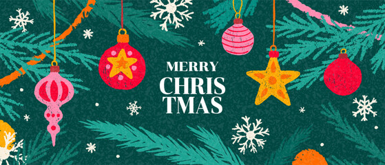 Merry Christmas and Happy New Year web banner or greeting card, poster. Holiday trendy Xmas art hand drawn crayon design. Vector modern background with Christmas fir tree branches, balls and snowflake
