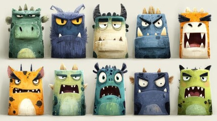 Vector Retro Cartoon Funny Monsters Heads Halloween Set